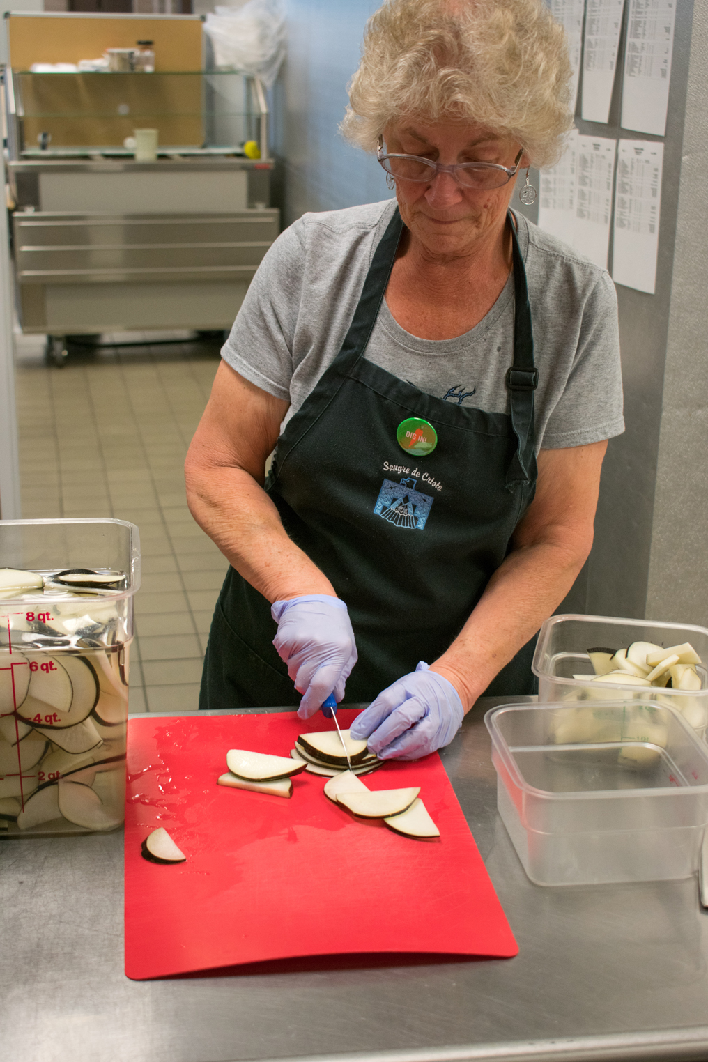 web Food Service Director Barb Grandell slices Black Radishes into bite-sized samples.